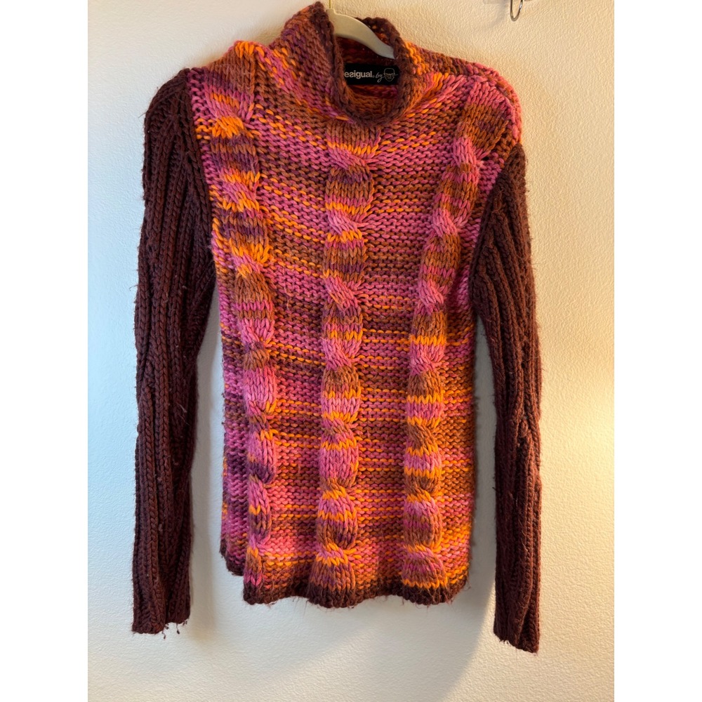 Desigual by Christian Lacroix Pink Orange Cable Knit Mock Neck Sweater 67J2LB8 S